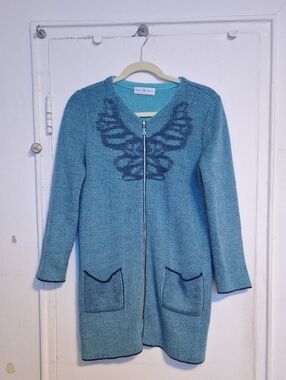 Anne Marie Teal, Turquoise Zip-Front Knit Cardigan